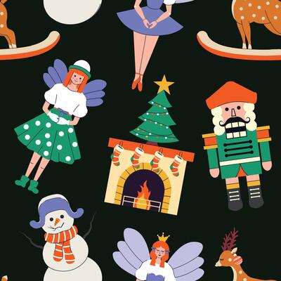 Seamless pattern for wrapping gifts. New Year and Christmas. Set of elements and shapes. Paper. Retro trendy style. Hand drawn. Doodle. Xmas. Wallpaper texture. Holiday. December 25th. Boho. Icons