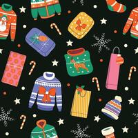 Seamless pattern for wrapping gifts. New Year and Christmas. Set of element and shapes. Paper. Retro trendy style. Hand drawn. Doodle. Xmas. Icons. Wallpaper texture. Holiday. December 25th. Winter vector