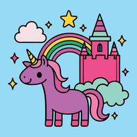 A cartoon unicorn with a castle and rainbow vector