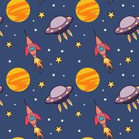 Seamless childish space galaxy pattern with spaceships and planet Mars, rocket, ufo, stars on blue background. Fantasy planets seamless pattern for children's textiles, wrapping paper, fabric vector