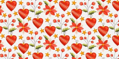 Christmas pattern with hearts, flowers, stars and branches with leaves. Perfect design for paper print. vector