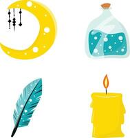 Halloween set of elements. Bottle with poison, candle, moon and feather. vector