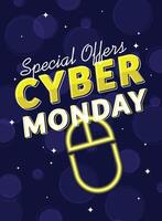 Cyber Monday special offer with neon design and colorful lights, vector