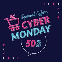 Cyber Monday special offer with neon design and colorful lights, vector