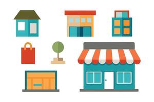 Shopping stores front cartoon set isolated flat illustration on white background vector