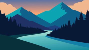 river flows through a lush forest, surrounded by towering trees and majestic mountains in the background flat illustration vector