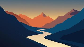 river flows through a rugged valley, surrounded by majestic mountains and rocky terrain flat illustration. vector