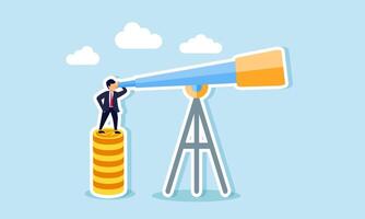 A businessman climbs a stack of coins to look through binoculars, illustrating a vision and analysis of company revenue and sales performance vector