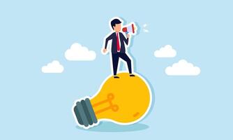 A businessman speaks through a megaphone on top of a light, illustrating the broadcast and promotion of new ideas and innovations for the business vector