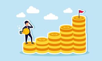 A businessman carries a lamp, intending to climb a graph made of coins, illustrating ideas and strategies for growing a business and achieving significant revenue vector