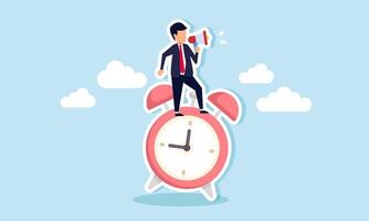 A businessman speaks through a megaphone on top of an alarm clock, illustrating a broadcast to remind about the timeline and schedule for the project deadline vector