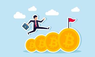 A businessman runs and jumps over a row of bitcoins, illustrating progress in acquiring and accumulating bitcoin assets vector