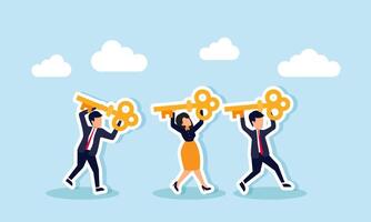 Some entrepreneurs hold the key, illustrating brainstorming ideas with business partners and finding solutions to business problems vector
