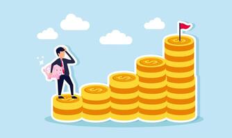 A businessman carries a piggy bank, intending to climb a graph made of coins, illustrating the enthusiasm for investing to grow and develop assets vector