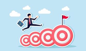 A businessman runs and jumps over a series of target boards, illustrating the achievement of one target after another to reach success in a business project vector