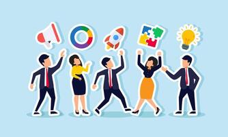 Some entrepreneurs gather and present their elements of marketing strategy, illustrating brainstorming on effective promotion and marketing strategies vector