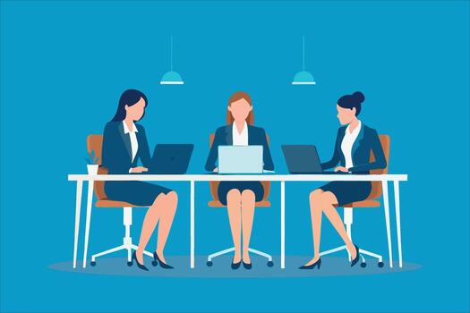 Three professional women at a table, collaborating with laptops open, highlighting a dynamic work environment flat illustration vector
