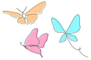 One continuous line butterfly pink illustrations set. Single line hand drawn sketch. Summer symbol in trendy style vector