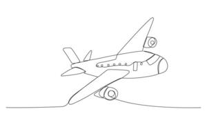 One line plane, sketch. Outline monochrome illustration vector