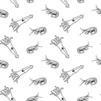 Hand drawn monochrome seamless pattern with outline shrimp and squid on white background. vector