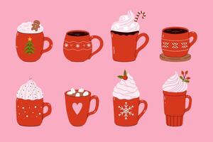Set of winter drinks in red mugs. graphics. vector