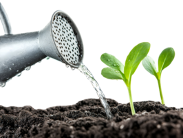 young seedlings being watered from a silver watering can on isolated background for plant growth and hydration png