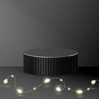 Black luxury stand podium background with string lights garland on the floor realistic illustration. Luxury black wall scene. Minimal mockup product display presentation, Stage showcase vector