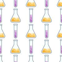 Pattern with chemical tubes and conical flasks with reagents and colored liquids inside. Seamless texture vector
