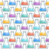 Conical flasks with colored liquids, seamless pattern with reagents in the flasks. Chemistry illustration template vector