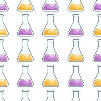 Chemical conical flask with colored liquid. Pattern with flasks and reagents. Seamless Texture Pattern by Chemistry vector