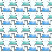 Chemical conical flasks with colored liquid. Pattern with flasks on the theme of chemistry. Infinite texture vector