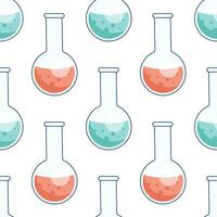 Round flat flasks with colored liquid. Pattern with chemical reaction, research, analysis. Seamless texture vector