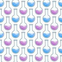 Seamless pattern with round flask and colored liquid. Chemical flask with a reagent. Infinite texture vector