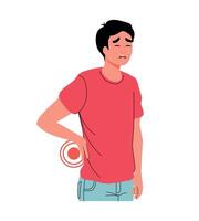 The man's back hurts and he holds on to it. Pinched nerve. Severe back pain. Spine. Chronic illness. Osteochondrosis. Flat style. Orthopedists. Fibromyalgia. Sick. Intervertebral disc herniation. vector