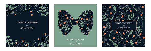 Collage of holiday greeting card Happy New Year and Merry Christmas. Chinese holiday. Ribbon and Christmas tree. Xmas. Simple trendy elements and shape. Glowing image. Sparkle calendar. Snowflake. vector