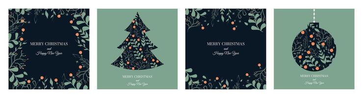 Collage of greeting card Happy New Year and Merry Christmas. Christmas tree. Set of present eve. Xmas. Simple trendy elements and shape. Glowing image. Sparkle calendar. Snowflake. Poster vector