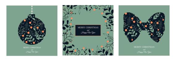 Collage card Happy New Year and Merry Christmas. Christmas toy and bow. Set of present eve. Xmas. Simple trendy elements and shape. Glowing image. Snowflake. Horizontal poster. Ribbon. Shine label vector