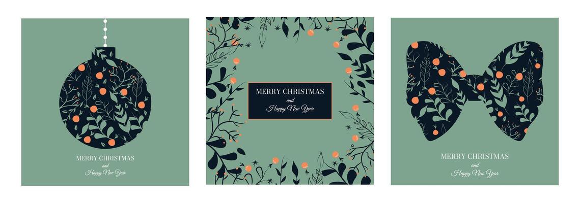 Collage card Happy New Year and Merry Christmas. Christmas toy and bow. Set of present eve. Xmas. Simple trendy elements and shape. Glowing image. Snowflake. Horizontal poster. Ribbon. Shine label
