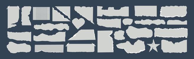 Set of notes. Torn paper. Collage. Frame and textbox. Scrapbook on background, newspaper fragments and tape. Pieces. Jagged edges. Trendy shape elements. Template. Old sheet crease. Speech vector