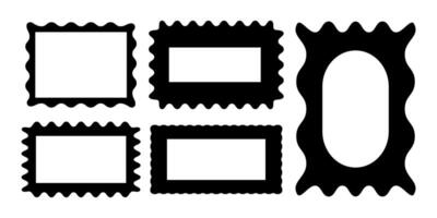 Set of frames for textbox. Speech bubbles. Geometric shape in black. Starburst. Label, seal, button, sticker, tag. Abstract icon. Collection with figures with wave and zigzags. Retro torn collage edge vector