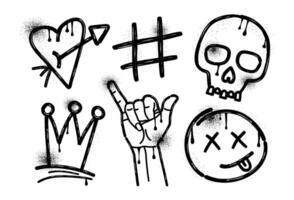 Set of graffiti icons. Brush. Charcoal and crayon. Drawing. Scribble. Melted paint. Ink. Freehand. Splash. Y2k. Scull, heart, hand, crown. Grunge texture. Trendy elements. Collection shapes. vector