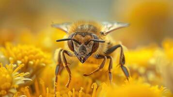A close-up of a honeybee with eyes open, surrounded by vibrant yellow wildflowers. photo