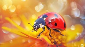 A vibrant ladybug resting on a burst of yellow flowers, surrounded by bokeh light effects. photo