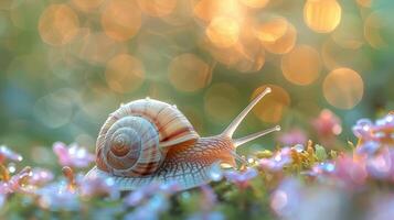 A close-up photograph capturing a vibrant blossoming flower with a glistening dewdrop background, photo