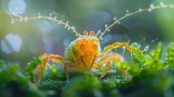 A close-up of a small yellow beetle on green vegetation, captured from above under rain droplets. photo