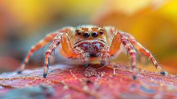 a small, multicolored spider on the leaf of an autumn tree, photo