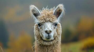 Adorable and soft-looking Peruvian alpaca with rain drops on its fur, photo