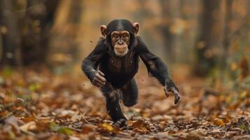 A small monkey with a big smile, captured in mid-migration through autumn leaves. photo