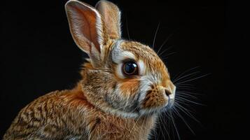 A close-up photograph of a bunny with large, expressive eyes and a cute expression. photo