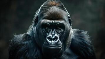 A close-up of a gorilla wearing a mask, looking at the camera with an intense expression. photo